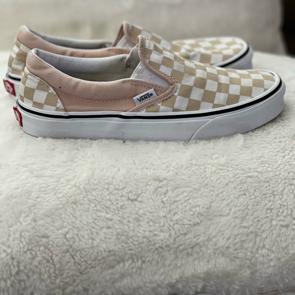 Vans White and Tan Slip-On Sneakers